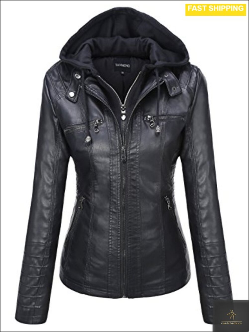 Faux Leather Jacket Women Hooded Moto Biker Coat Detachable Hood